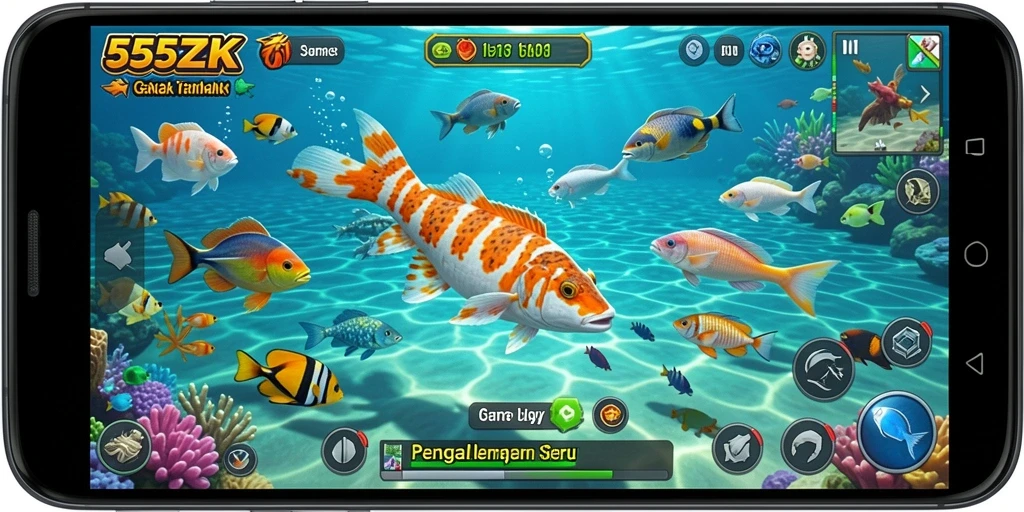 Screenshot gameplay 555ZK menampilkan aksi menembak ikan yang seru.