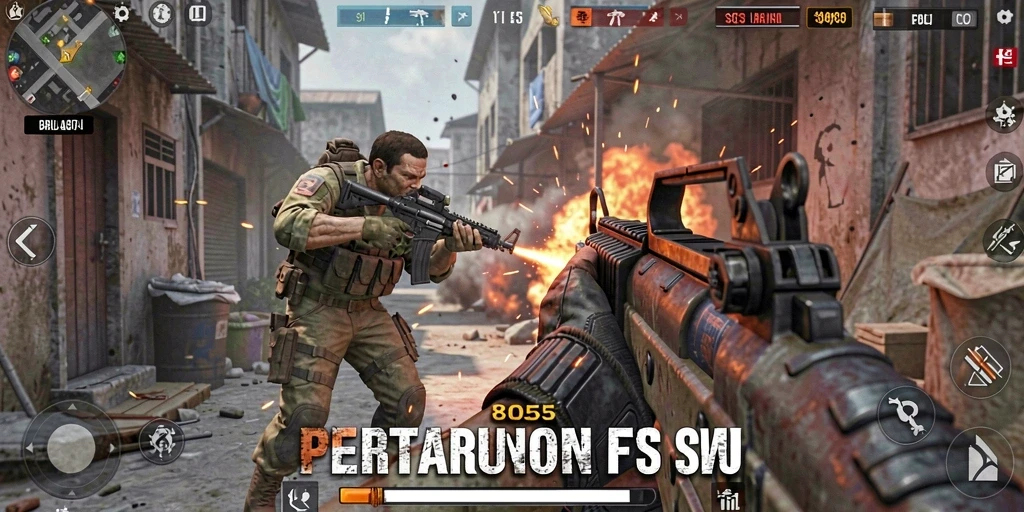 Screenshot dari gameplay intens di 8055 yang penuh aksi.