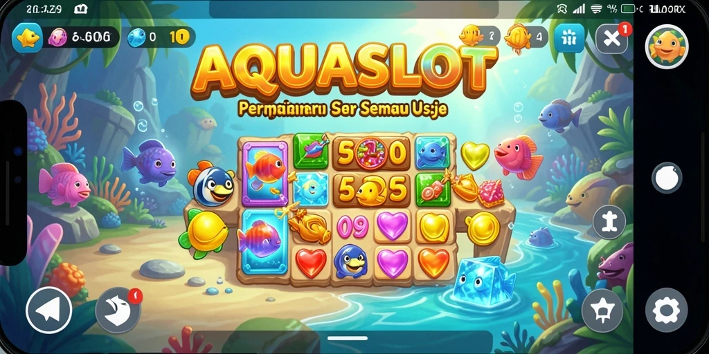 Tampilan gameplay AQUASLOT yang penuh warna dan menantang teka-teki.