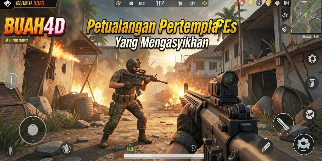 Tampilan intens dalam BUAH4D menampilkan aksi pertempuran FPS yang mendebarkan.
