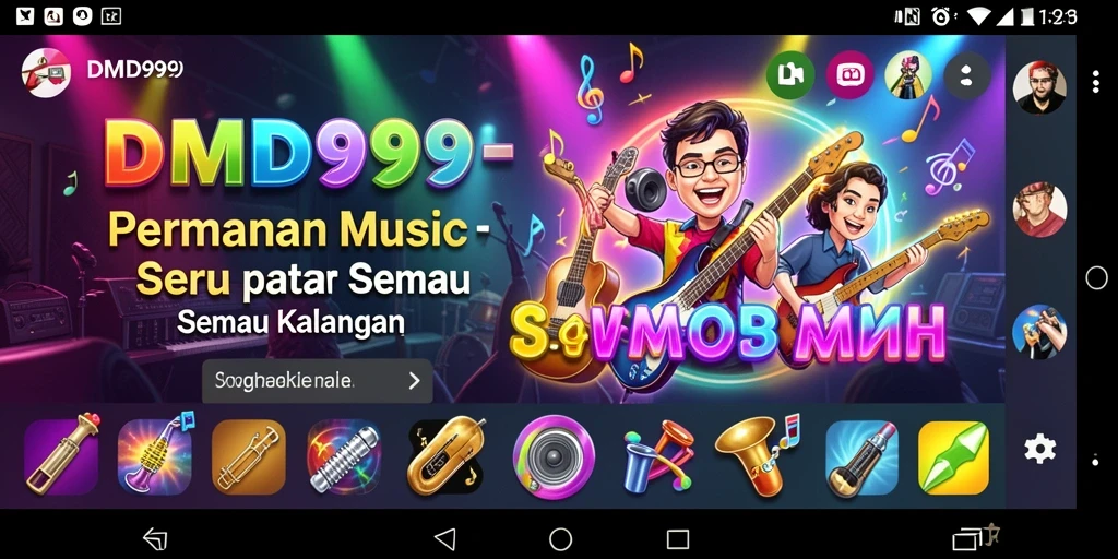 Tampilan permainan musik seru dengan berbagai alat dan lagu.