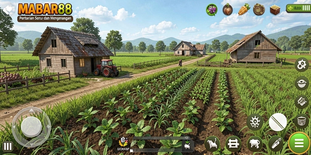 Tampilan gameplay <strong>MABAR88</strong> saat bertani dalam ladang yang luas dan indah.